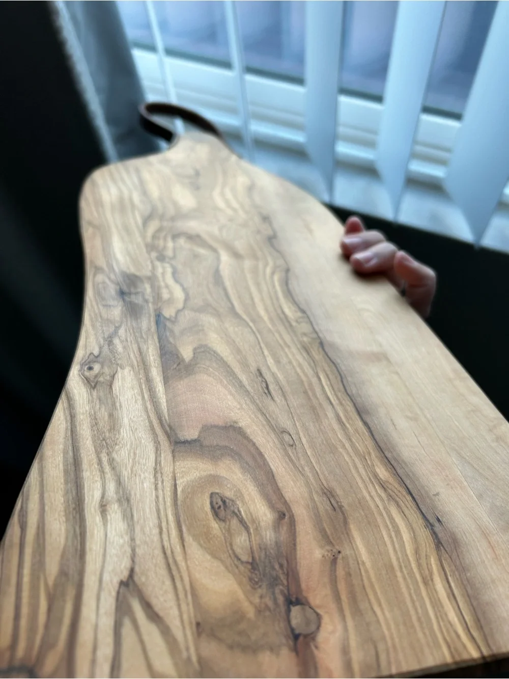 Crate&Barrel Olive Wood Serving Board with Brown Leather Loop